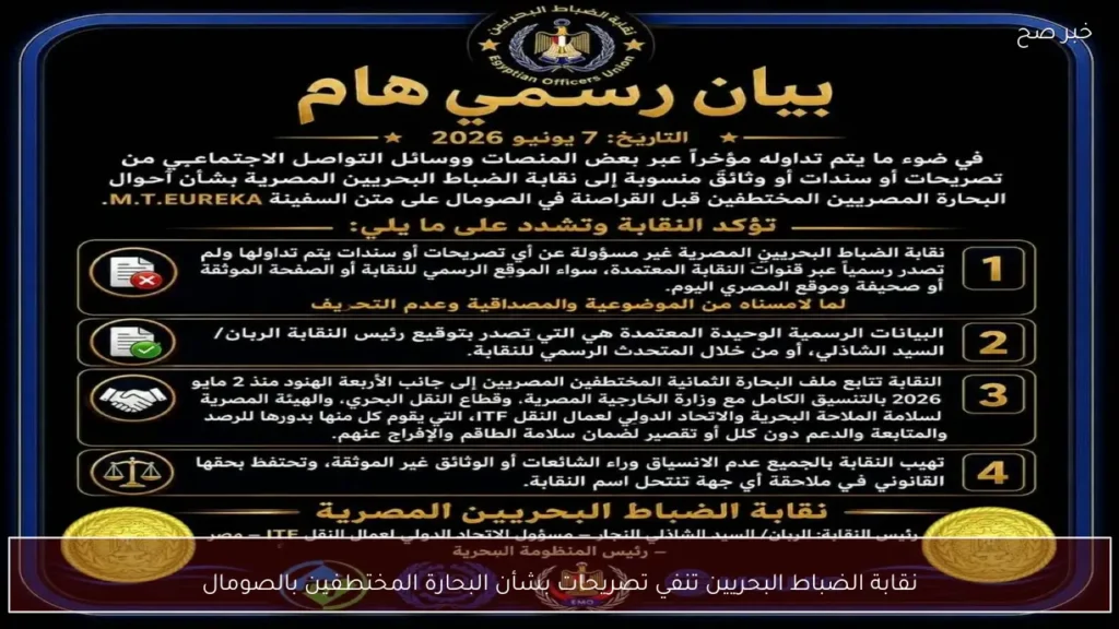 نقابة الضباط البحريين تنفي تصريحات بشأن البحارة المختطفين بالصومال